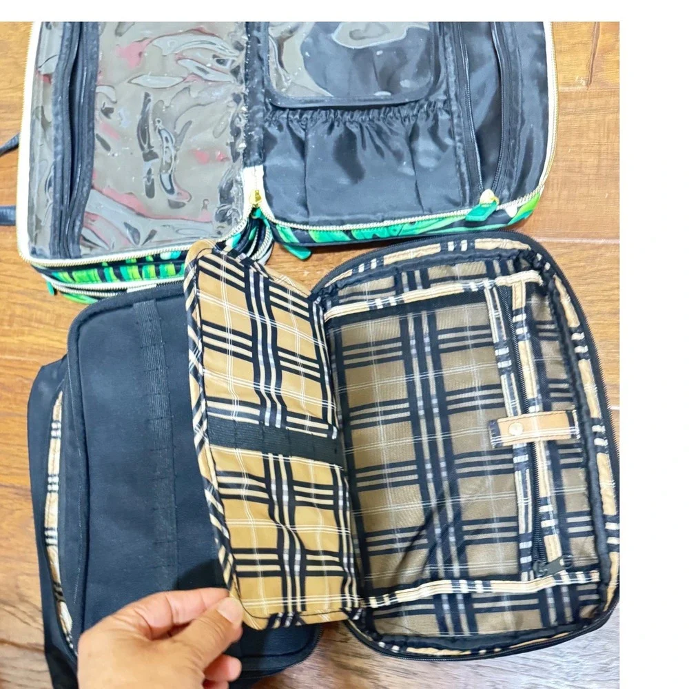 Modella Black Plaid & Tropical Palm Leaf Travel Toiletry Cosmetic Bag 2pc‎